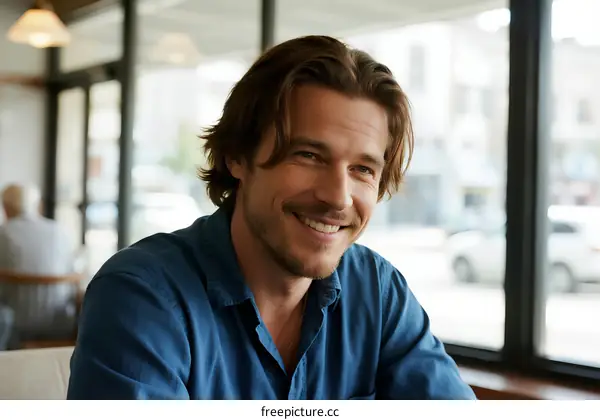 A man with brown hair smiling in a cozy café setting