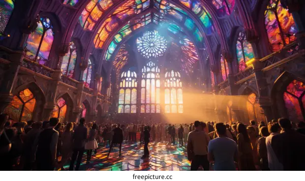Stained glass cathedral with people