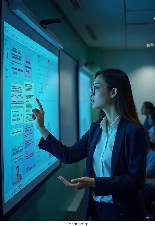 Asian Businesswoman Presenting Data On Interactive Whiteboard In Modern Office