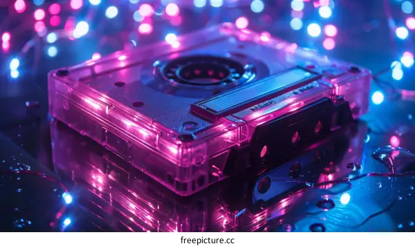 A transparent cassette tape with blue and pink neon lights reflecting on a mirrored surface