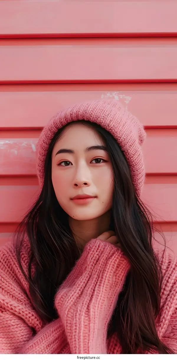 Portrait of a Young Asian Woman Wearing a Pink Knit Hat and Sweater