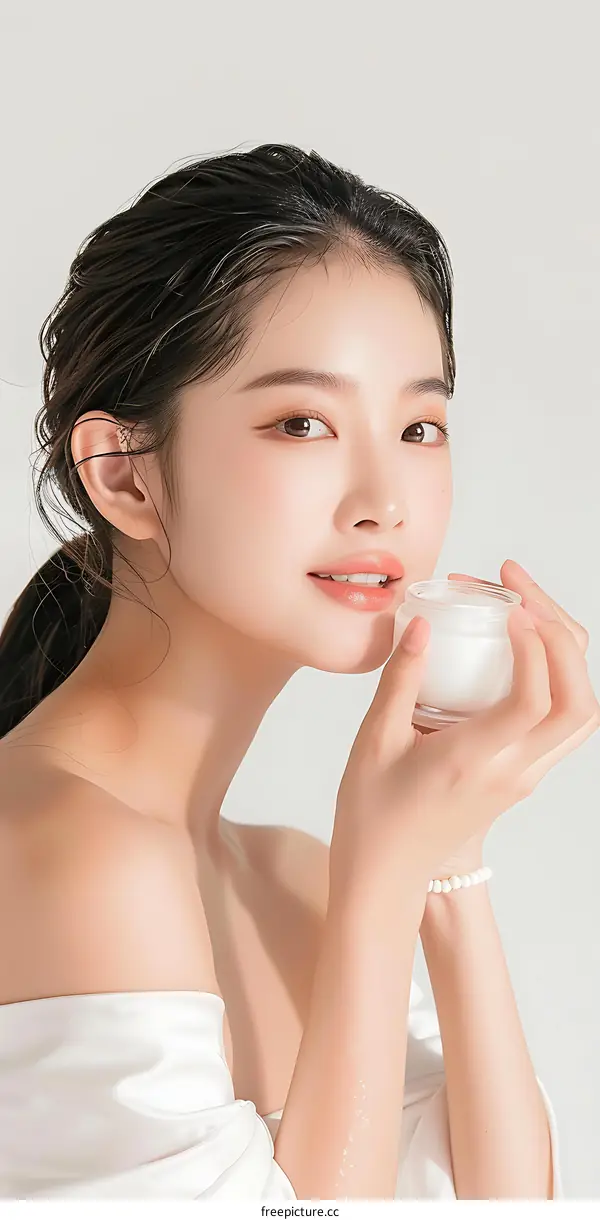 Beautiful Asian Woman Applying Skincare