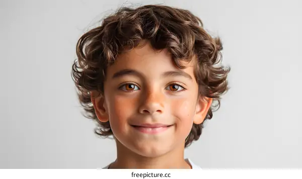 Smiling Boy With Curly Hair and Brown Eyes