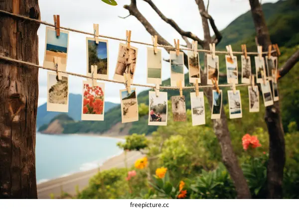 Photos hanging on a clothesline with clothespins in a natural setting
