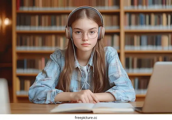 Teenage Girl Studying in a Library