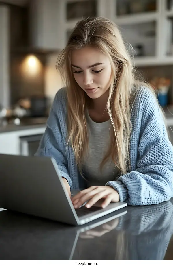 Woman Working on Laptop in Kitchen