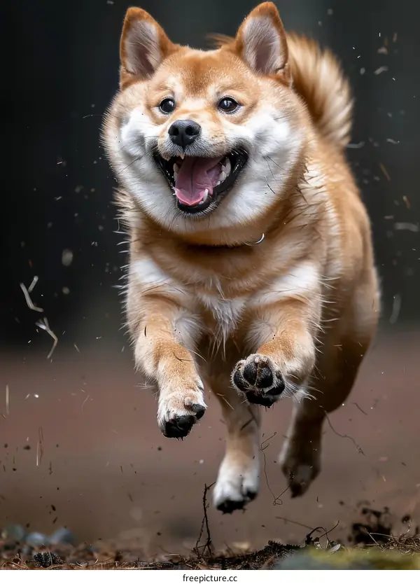 A happy Shiba Inu dog running in mid-air