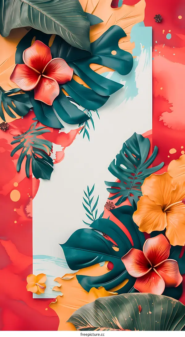 Tropical Leaves and Flowers on White Background