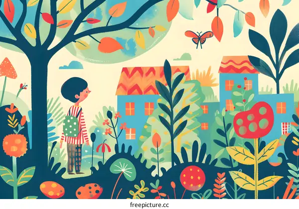 Boy Walking Through Colorful Garden