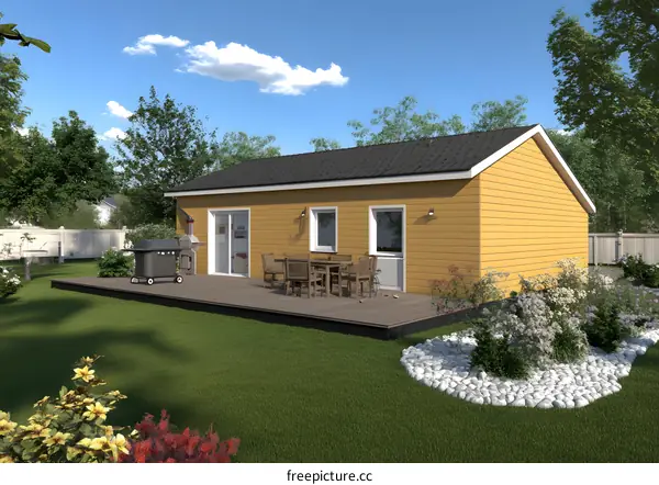 Modern Yellow House with Deck and Garden