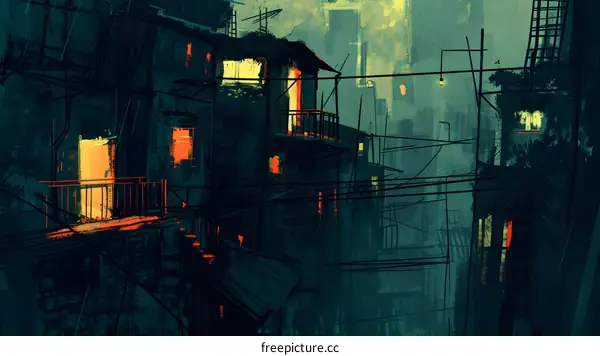 Night View of an Old City with Lights and Windows