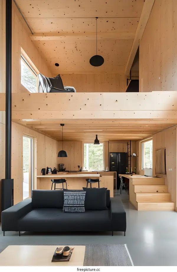 Modern Wood Cabin Interior with Loft and Black Sofa