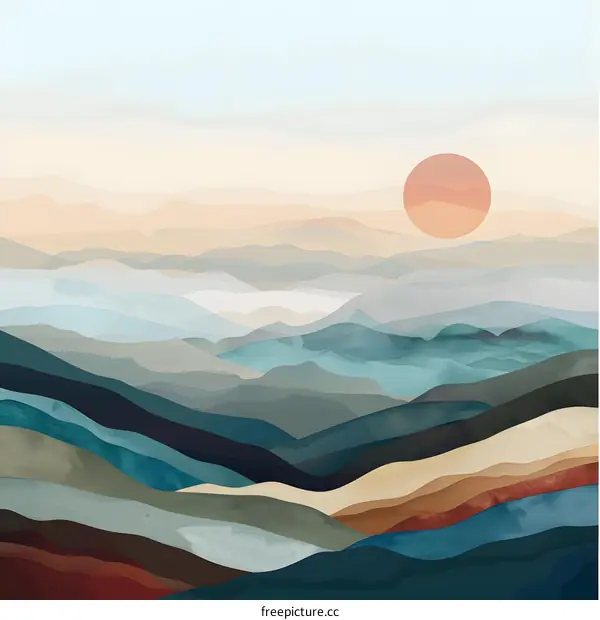 Abstract Watercolor Mountain Landscape with Sunset
