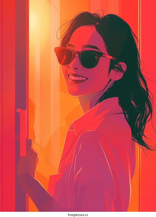 Illustration of a young woman smiling and opening a door