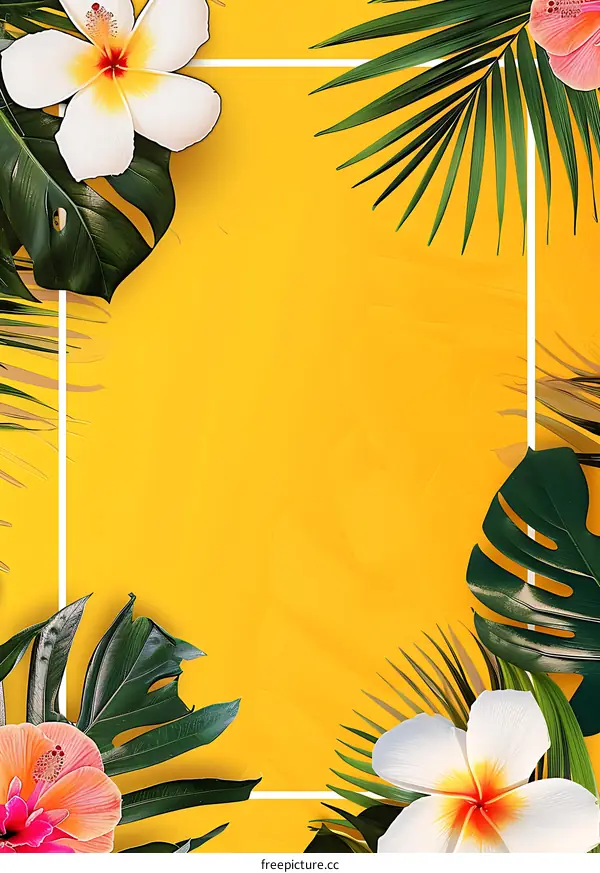 Tropical Leaves and Flowers on a Yellow Background