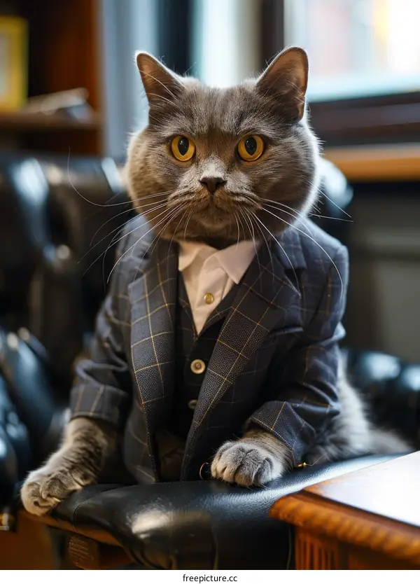 A gray cat wearing a suit is sitting in a leather chair and looking at the camera