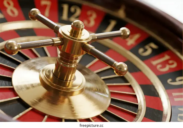 Close-up view of a golden roulette wheel with red and black sectors