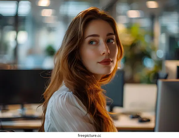 portrait of a young woman in a white blouse looking away from the camera
