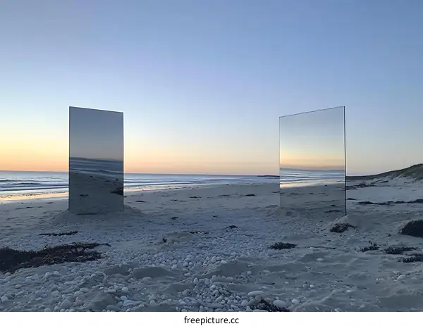 Two Glass Mirrors on a Sandy Beach During Sunset