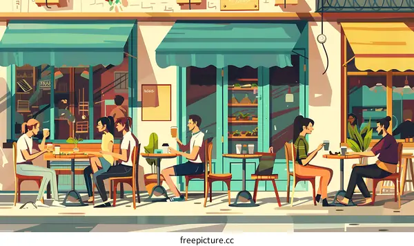 Cafe Illustration with People Sitting Outdoors