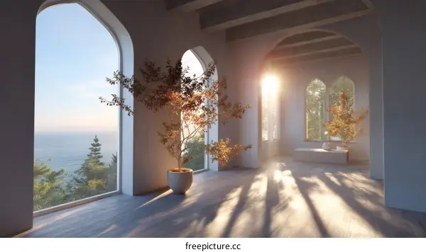 Coastal Modern Room with Sunlight and Scenic View