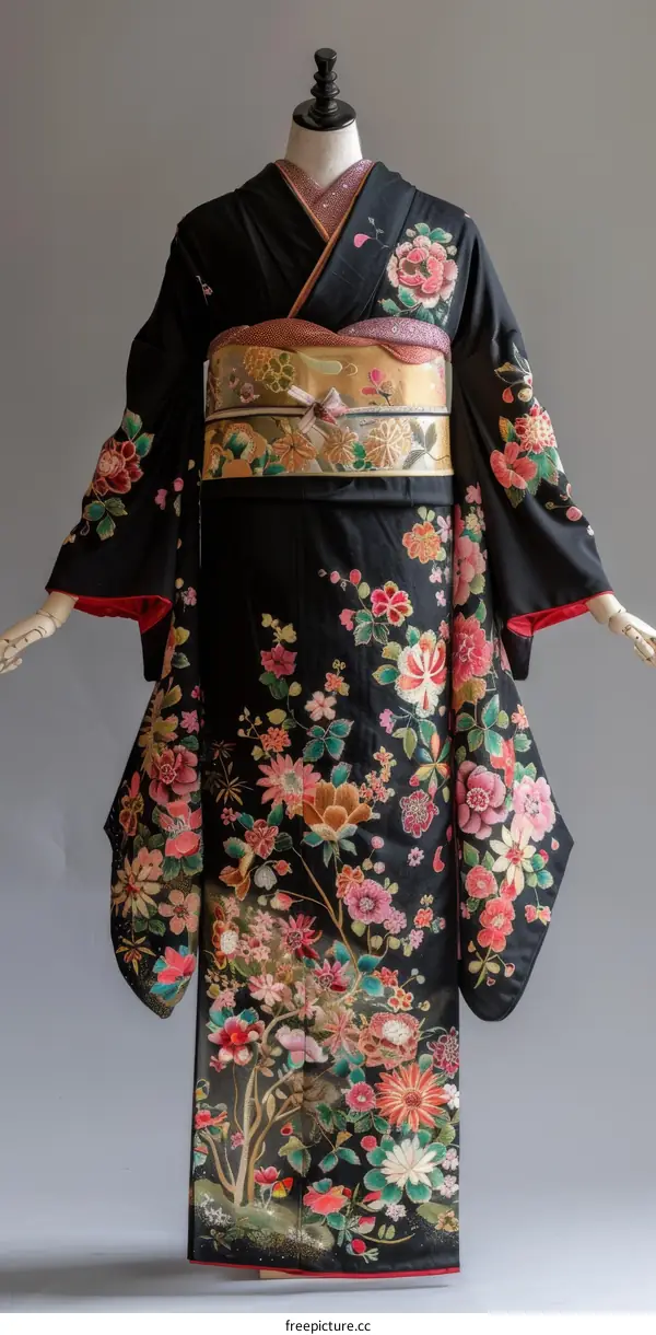 A woman wearing a black kimono with floral embroidery.