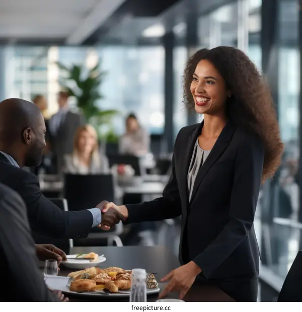 Black businessman and businesswoman shaking hands in an office environment