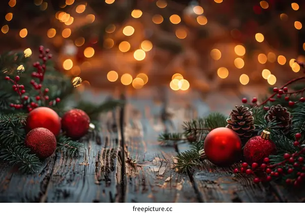 Red Christmas Ornaments and Pine Cones Festive Holiday Background