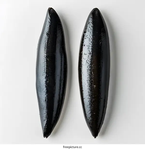 Two black fish fillets on a white background