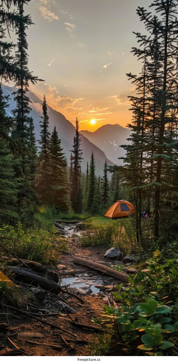 Camping under the Sunset in the Mountains