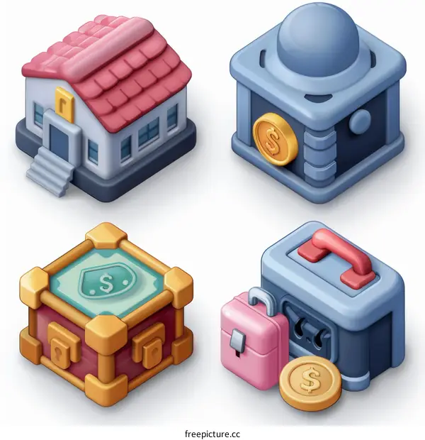 isometric 3d house bank building money finance business icon set