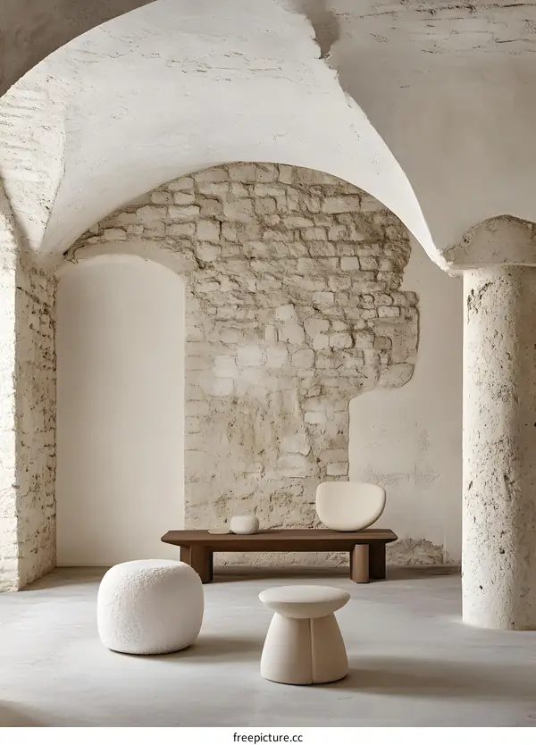 White and Brown Interior Design with Brick Wall and Arched Ceiling