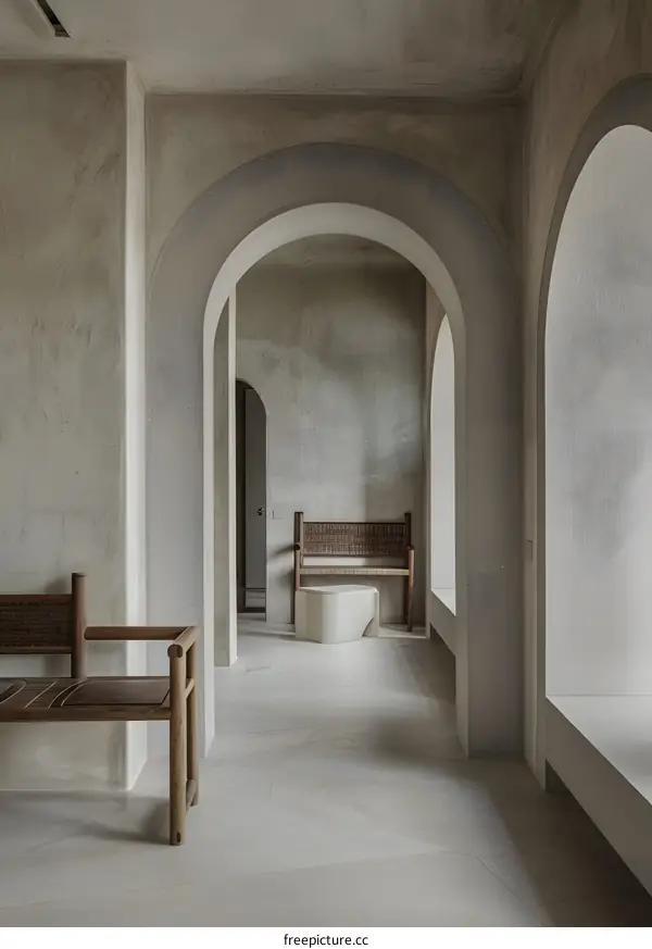 Modern Interior Design with Arched Hallway and Minimalist Furniture