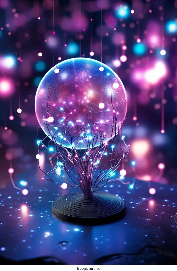 A glowing pink and blue orb sits on a table with a starry background
