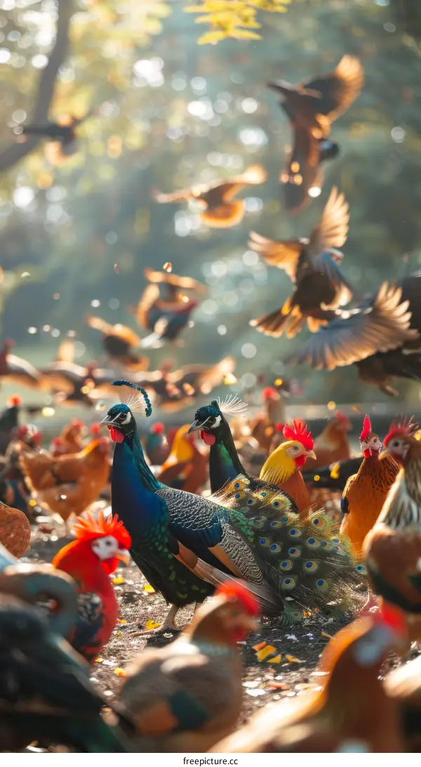 Peafowl and Chickens Foraging in a Forest