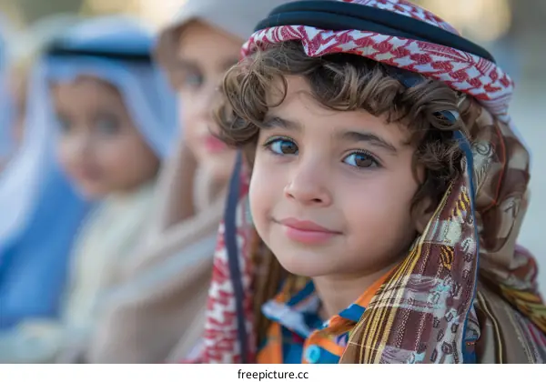 Three young Emirati boys wearing traditional Emirati clothes
