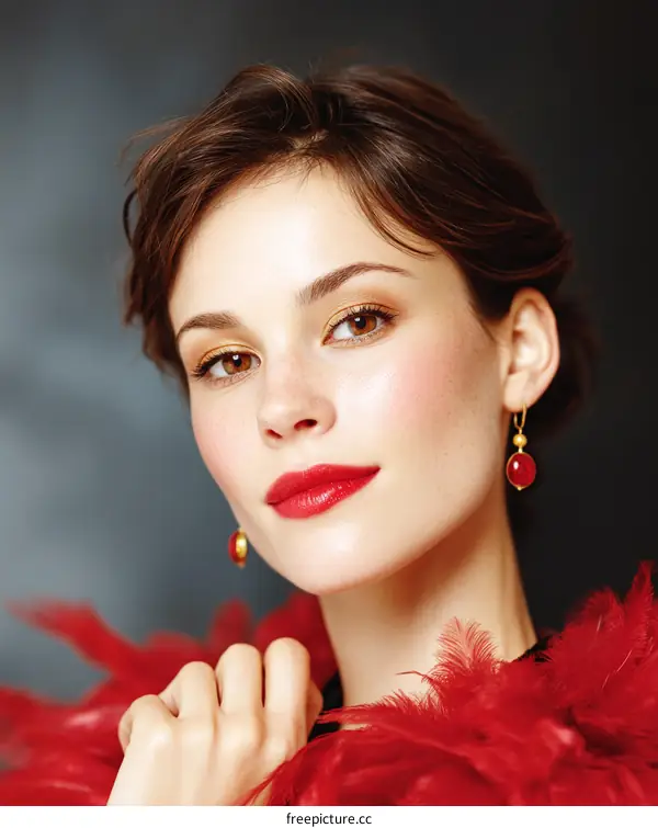 Elegant Woman with Red Lipstick and Feather Bolero