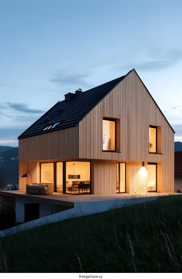 Modern Wooden House with Large Windows at Dusk