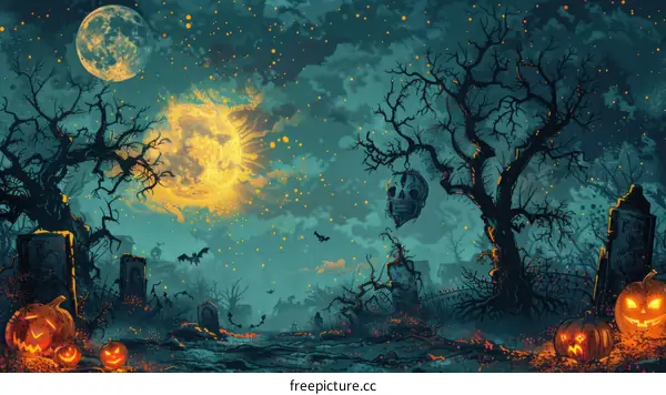 Spooky Graveyard at Night With a Full Moon