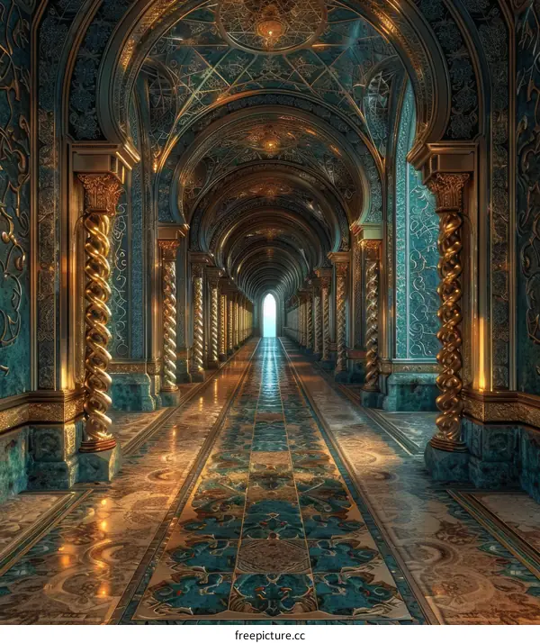 Ornate Hallway with Blue and Gold Columns
