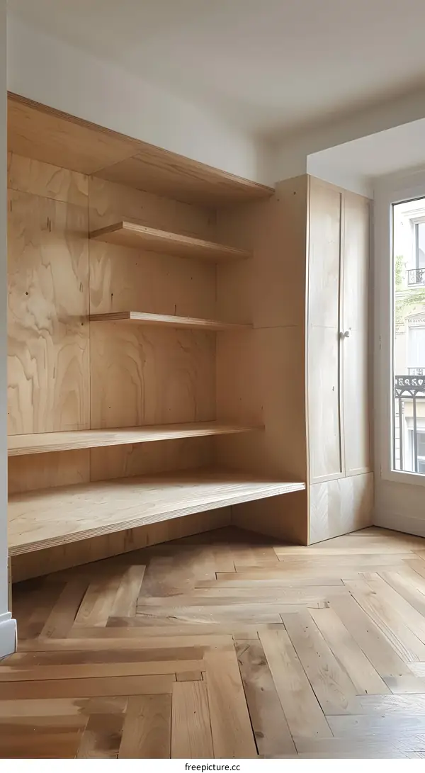 Plywood Shelving and Closet Design in a Modern Apartment