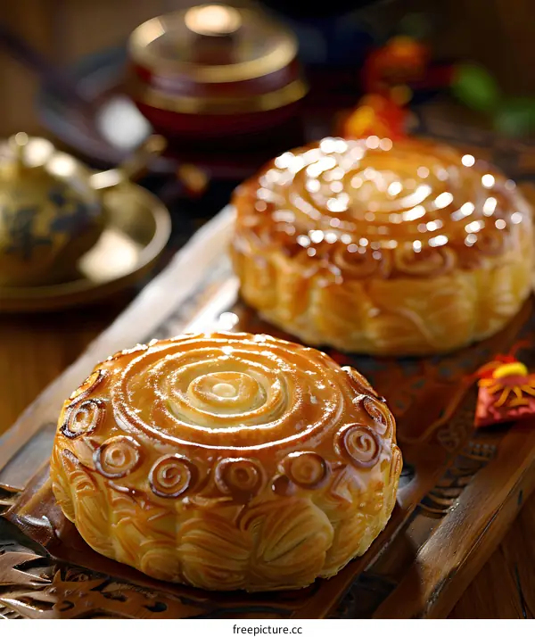 Close up of two moon cakes on a wooden surface