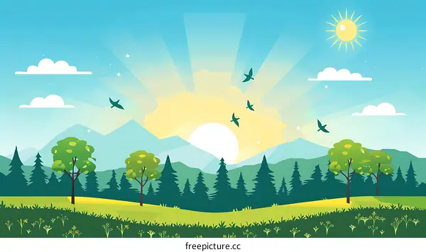 Beautiful Sunrise Landscape with Mountains and Birds