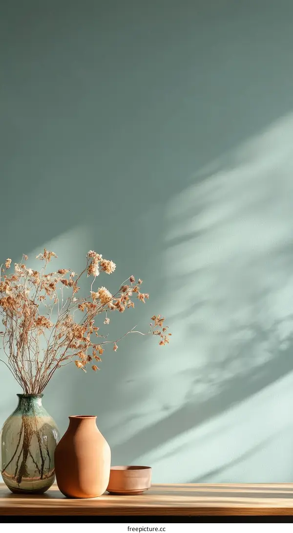 Simple Dried Flower Vase Arrangement on Wooden Table