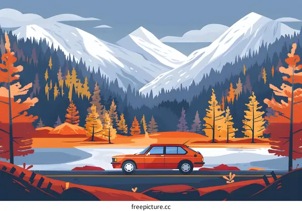 Autumn Mountain Road With A Car