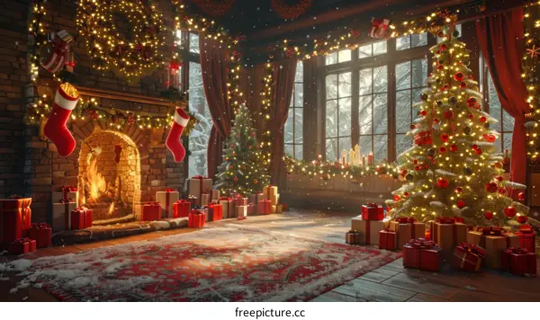 Christmas Interior with Fireplace and Christmas Tree
