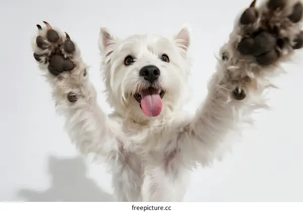 A white fluffy dog with its paws raised happily