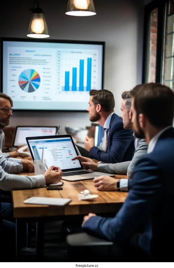 Business meeting discussing financial data and graphs on a projector screen