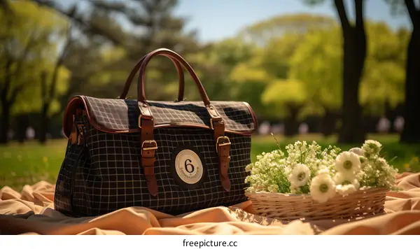 Black Grey Vintage Style Picnic Basket with White Flowers in Basket for Travel and Leisure