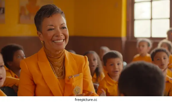 Black female teacher smiling at a group of students